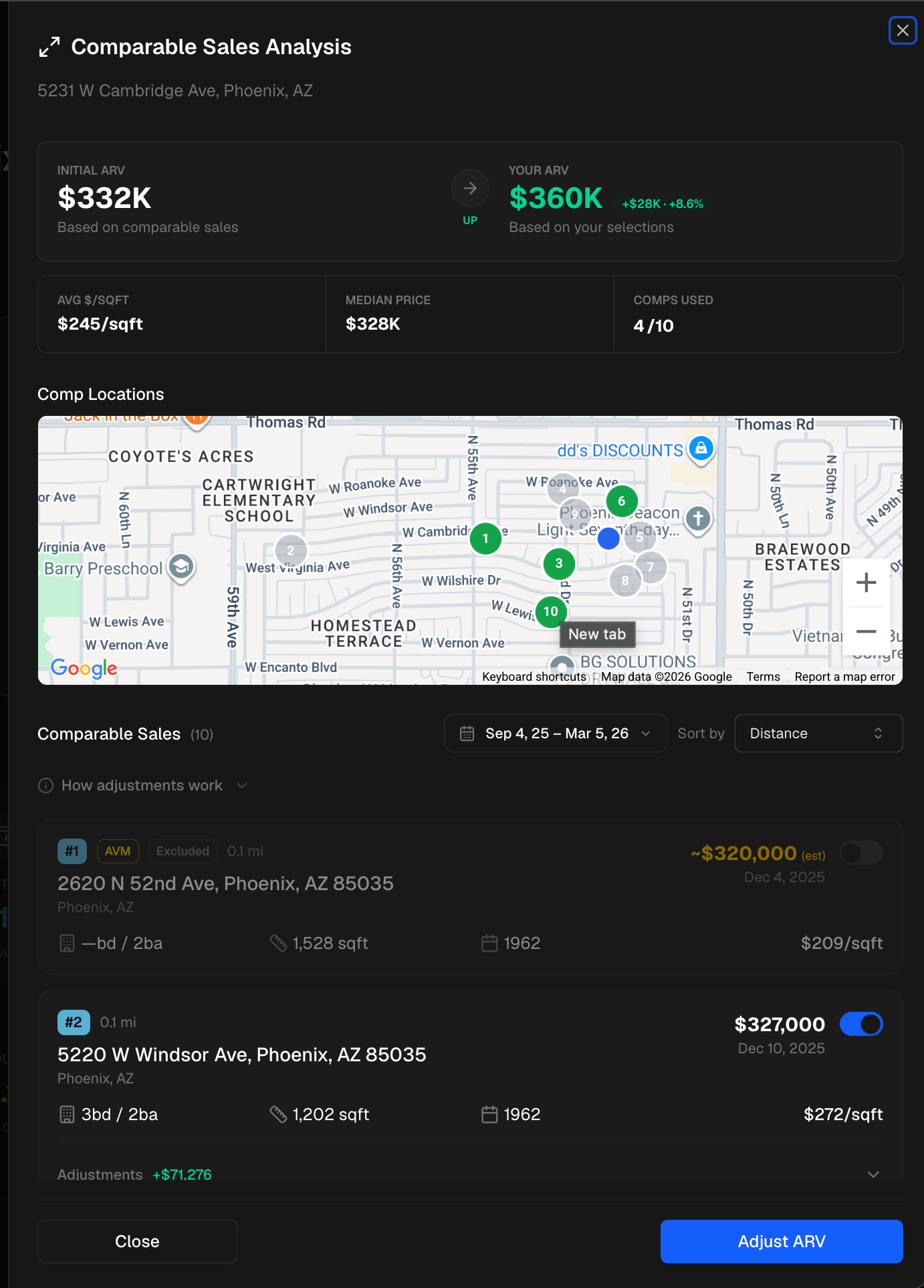 DealWave comparable sales workspace with ARV calculations