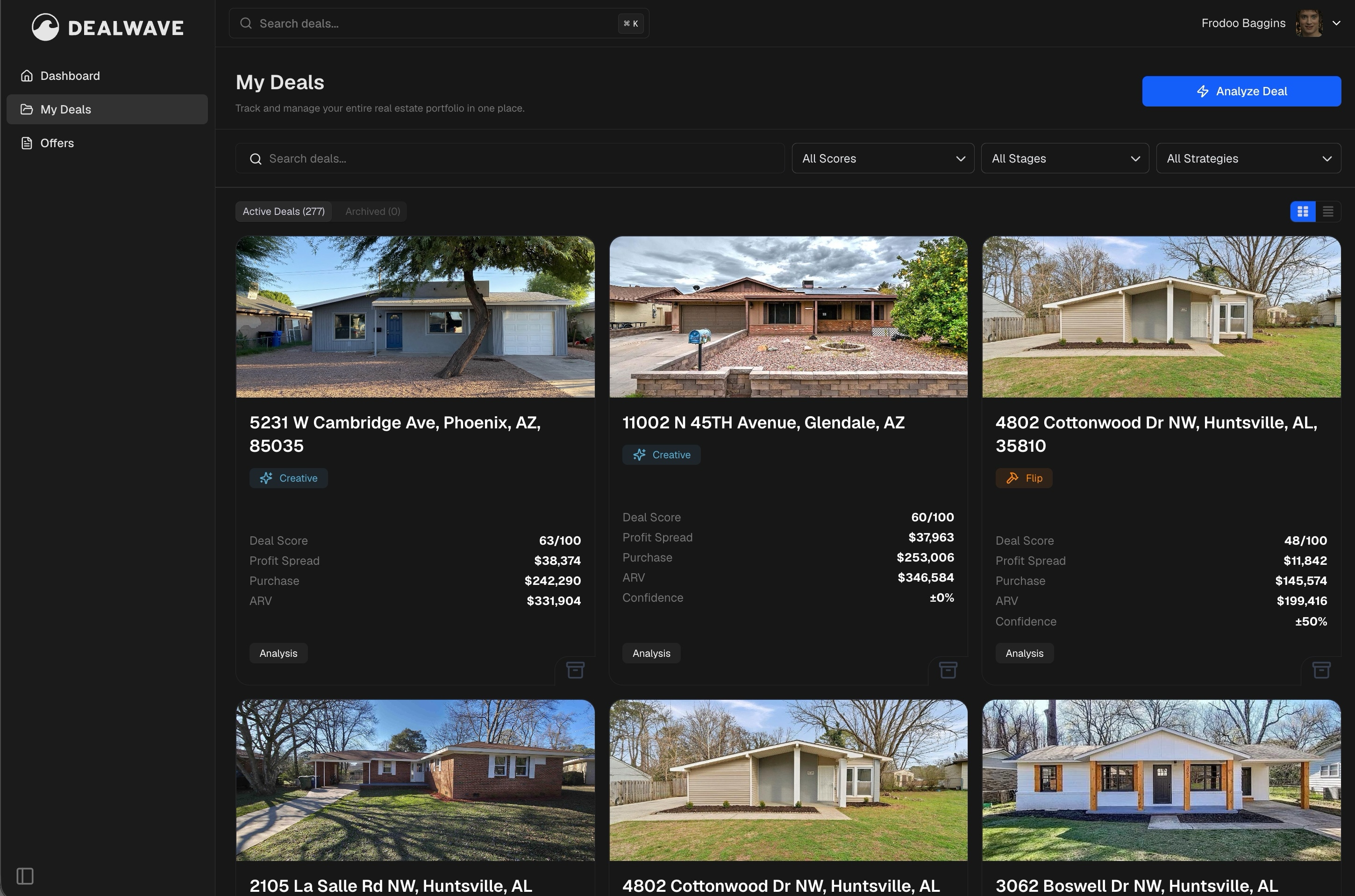 DealWave deal management dashboard with team portfolio